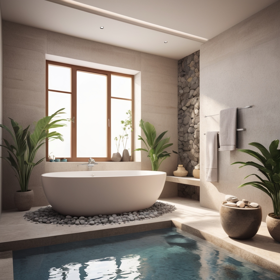 Bathroom with a sunken bathtub and stone pebbles surrounding it.