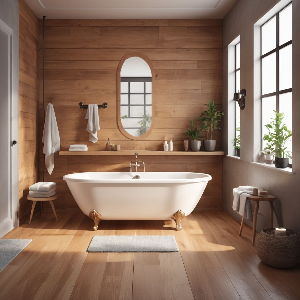 Bathroom with freestanding tub placed on a raised wooden platform.