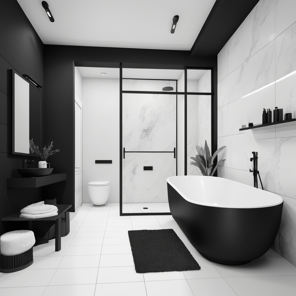 Bathroom with matte black bathtub and monochrome interior design.