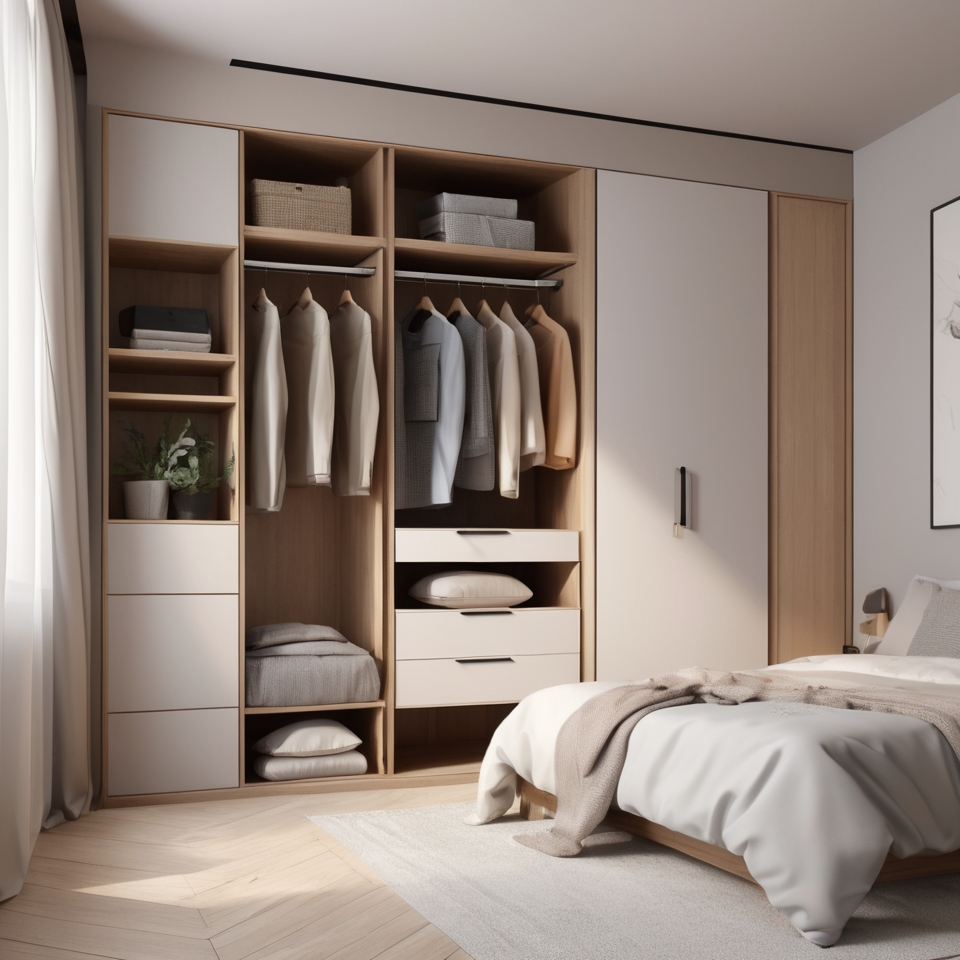 Bedroom with hidden wardrobe and minimalist decor elements.