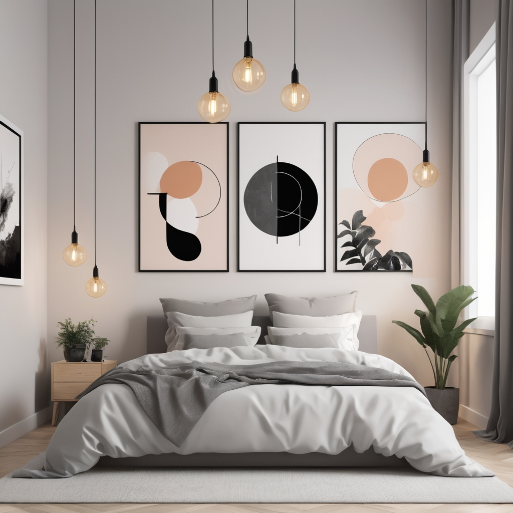 Bedroom with minimalist wall art and simple pendant lighting.