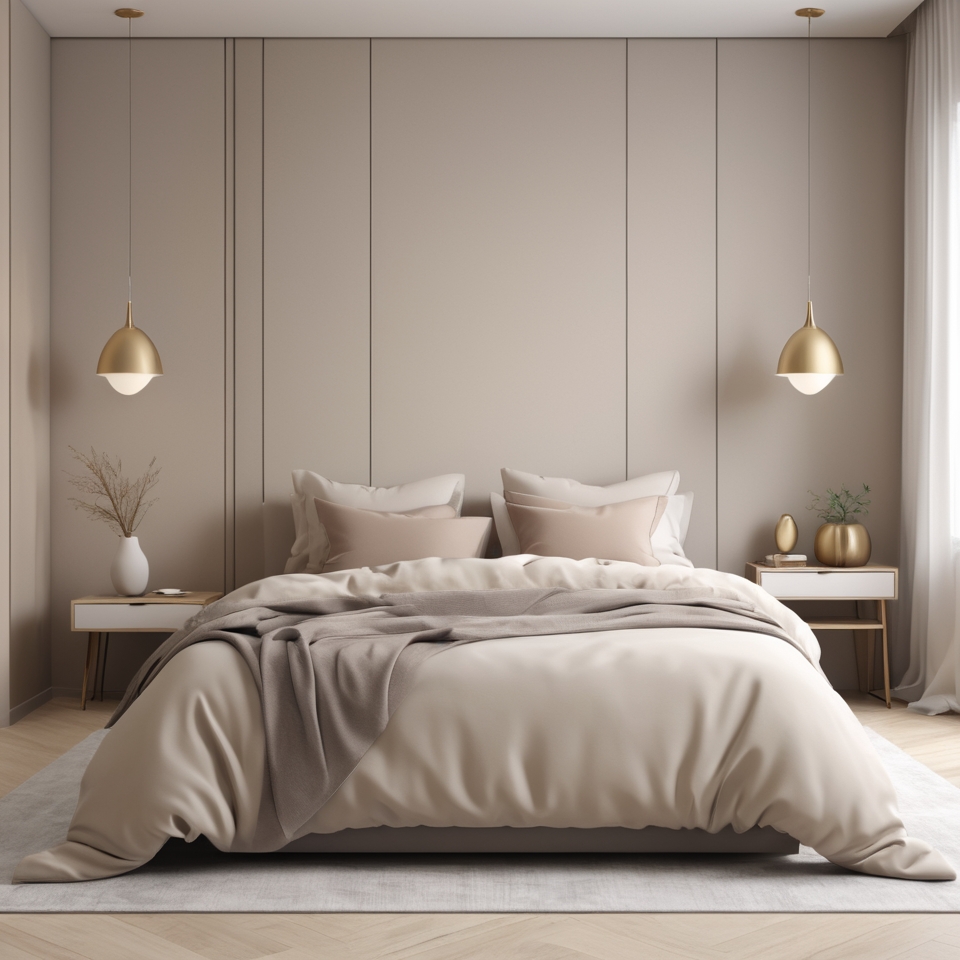 Bedroom with neutral-toned linen bedding and uncluttered surfaces.