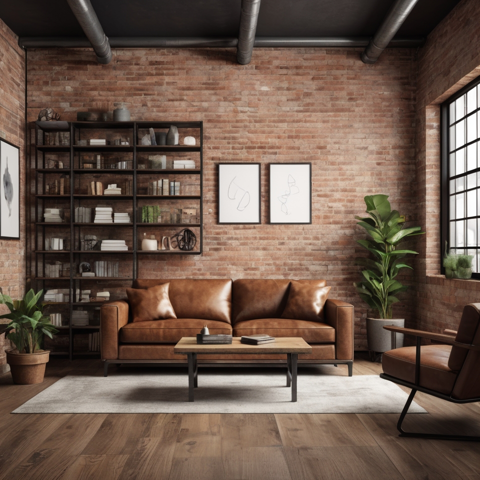 Industrial modern living room with exposed brick walls, leather sofa, and metal shelves.