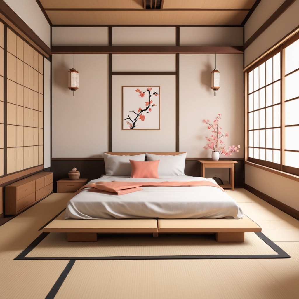 Japanese-inspired minimalist bedroom with tatami flooring and futon bed.