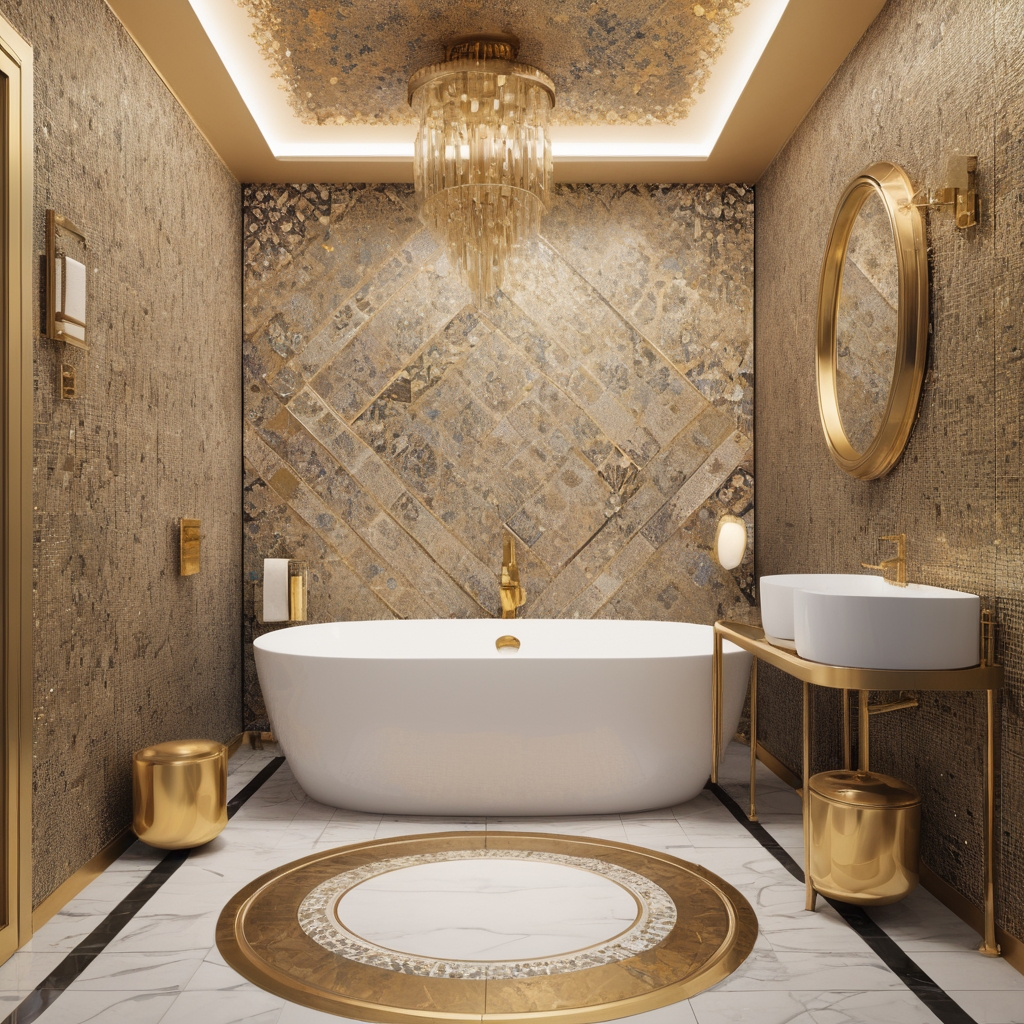 Luxury bathroom with patterned mosaic walls and brass accents.