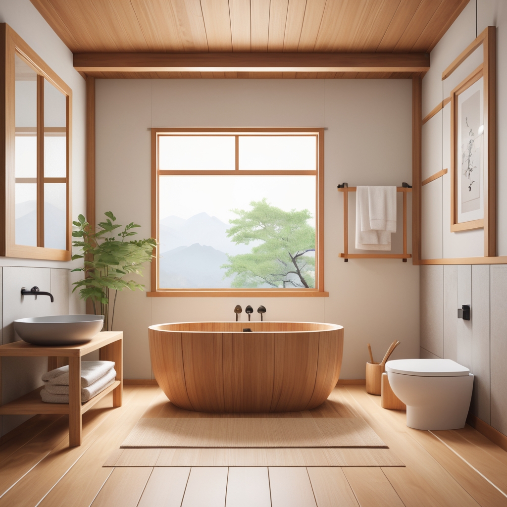 Minimalist Japanese-inspired bathroom with wooden soaking tub.