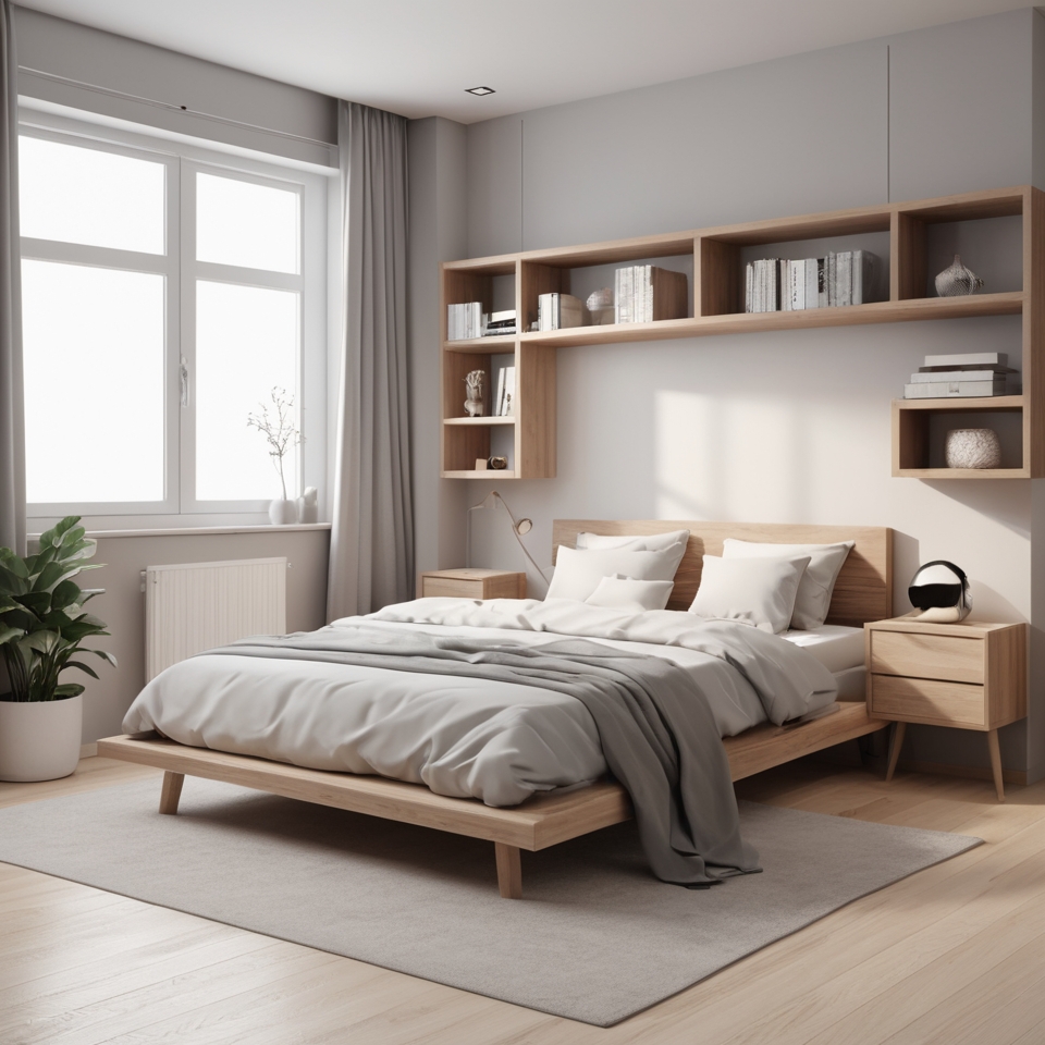 Minimalist apartment bedroom with multipurpose furniture.