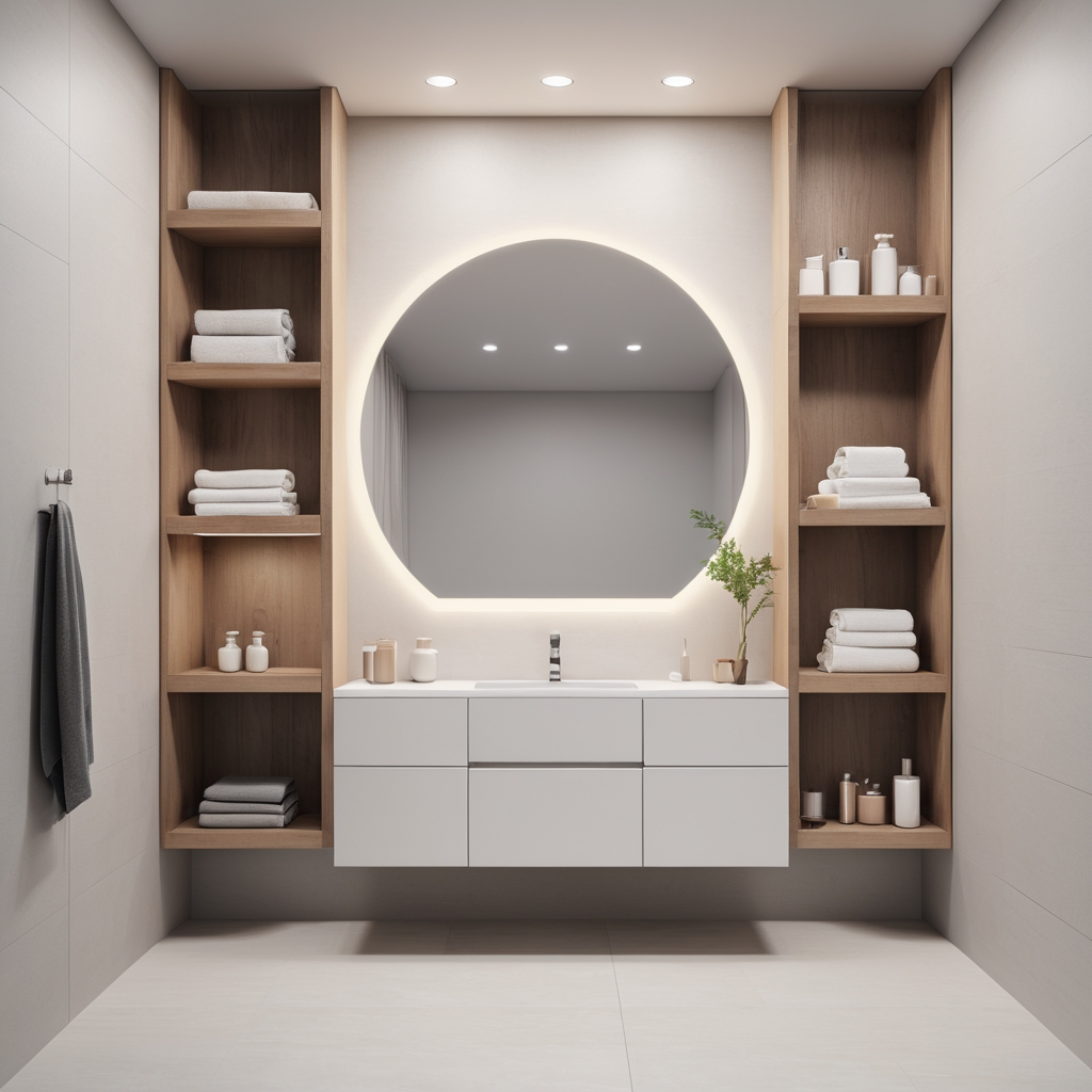 Minimalist bathroom with hidden storage and floating shelves.