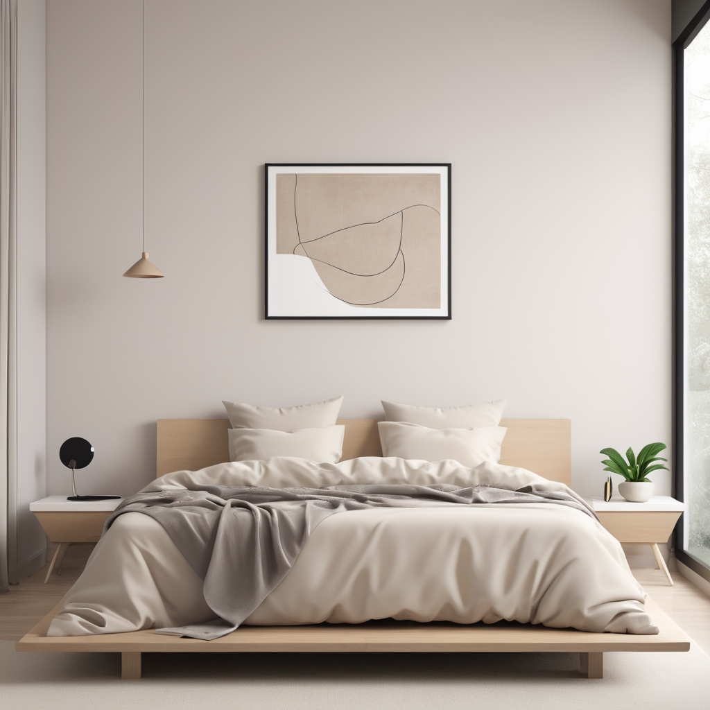 Minimalist bedroom featuring a low platform bed and neutral bedding.