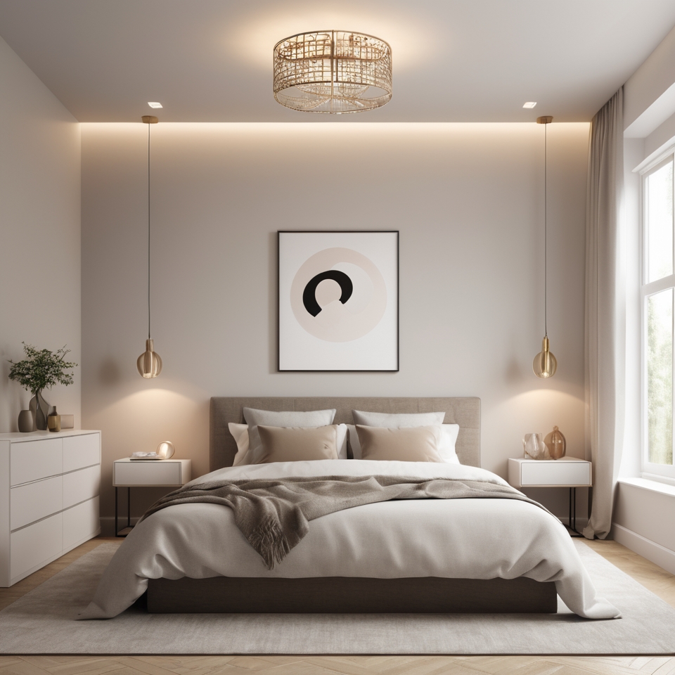 Minimalist bedroom featuring statement lighting and neutral walls.