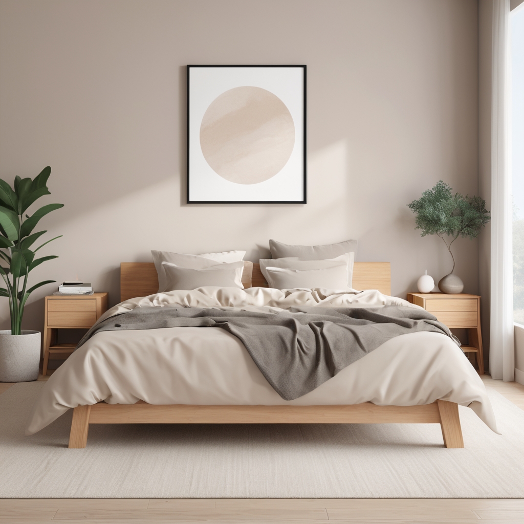 Minimalist bedroom with a neutral color palette and a simple wooden bed frame.