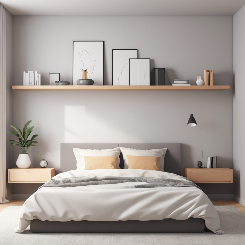 Minimalist bedroom with floating shelves and de cluttered surfaces.