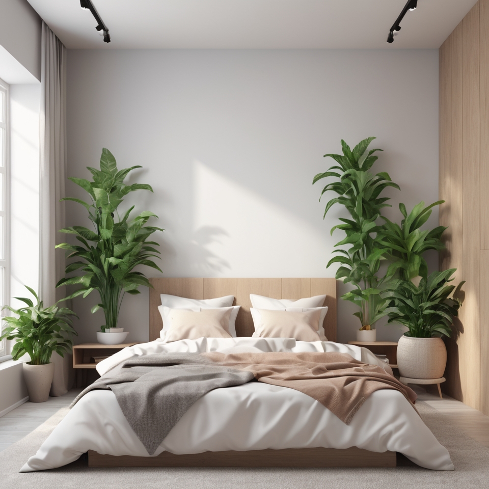 Minimalist bedroom with indoor plants adding a calming vibe.
