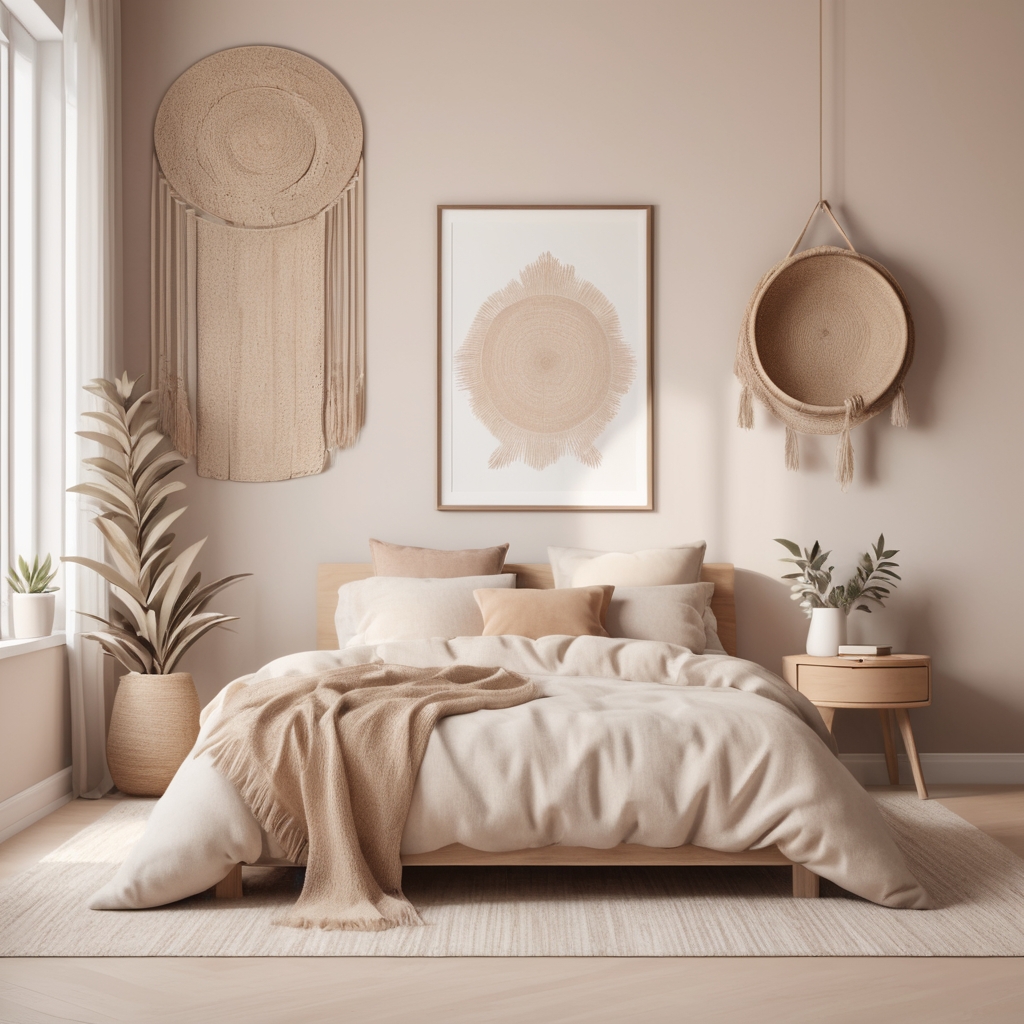 Minimalist boho bedroom with woven textures and neutral tones.