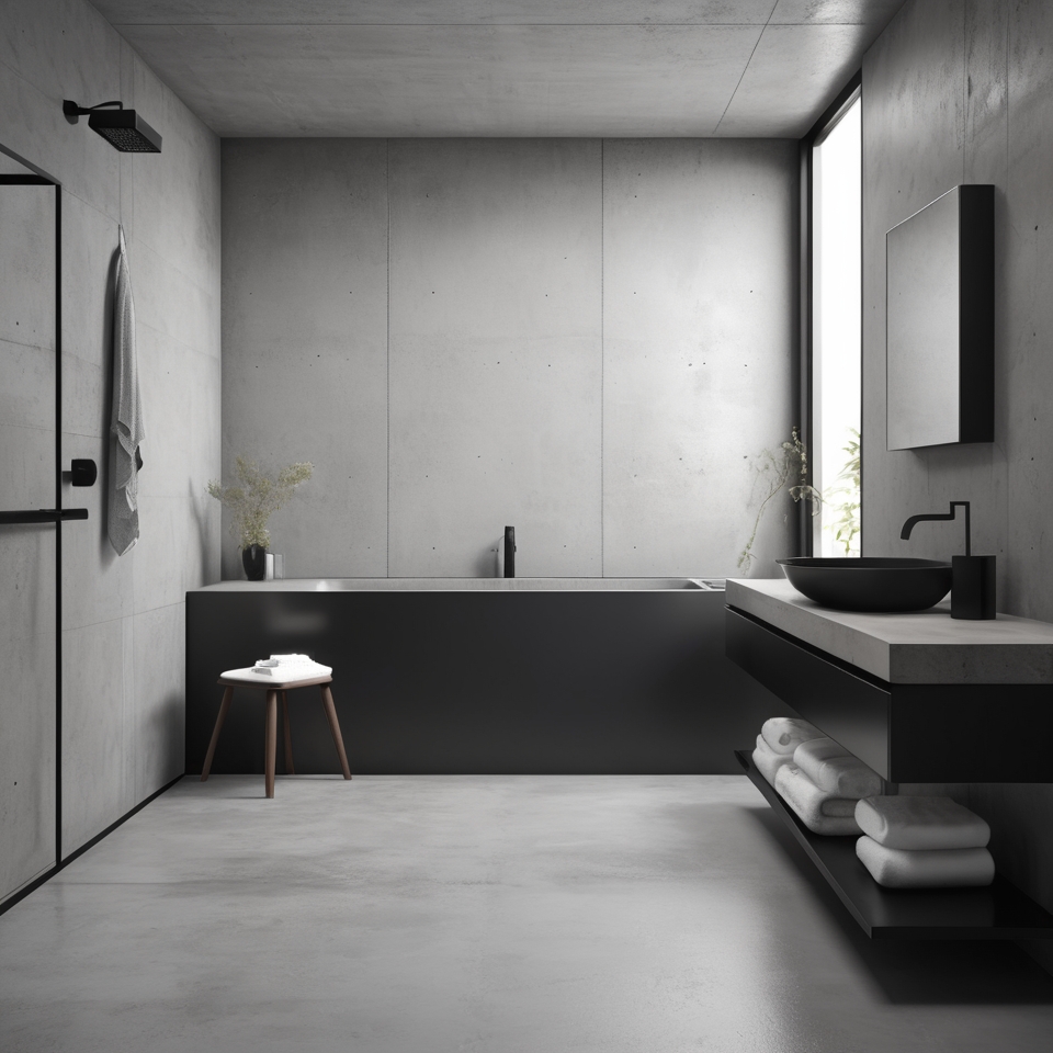 Minimalist concrete bathroom with sleek black fixtures.