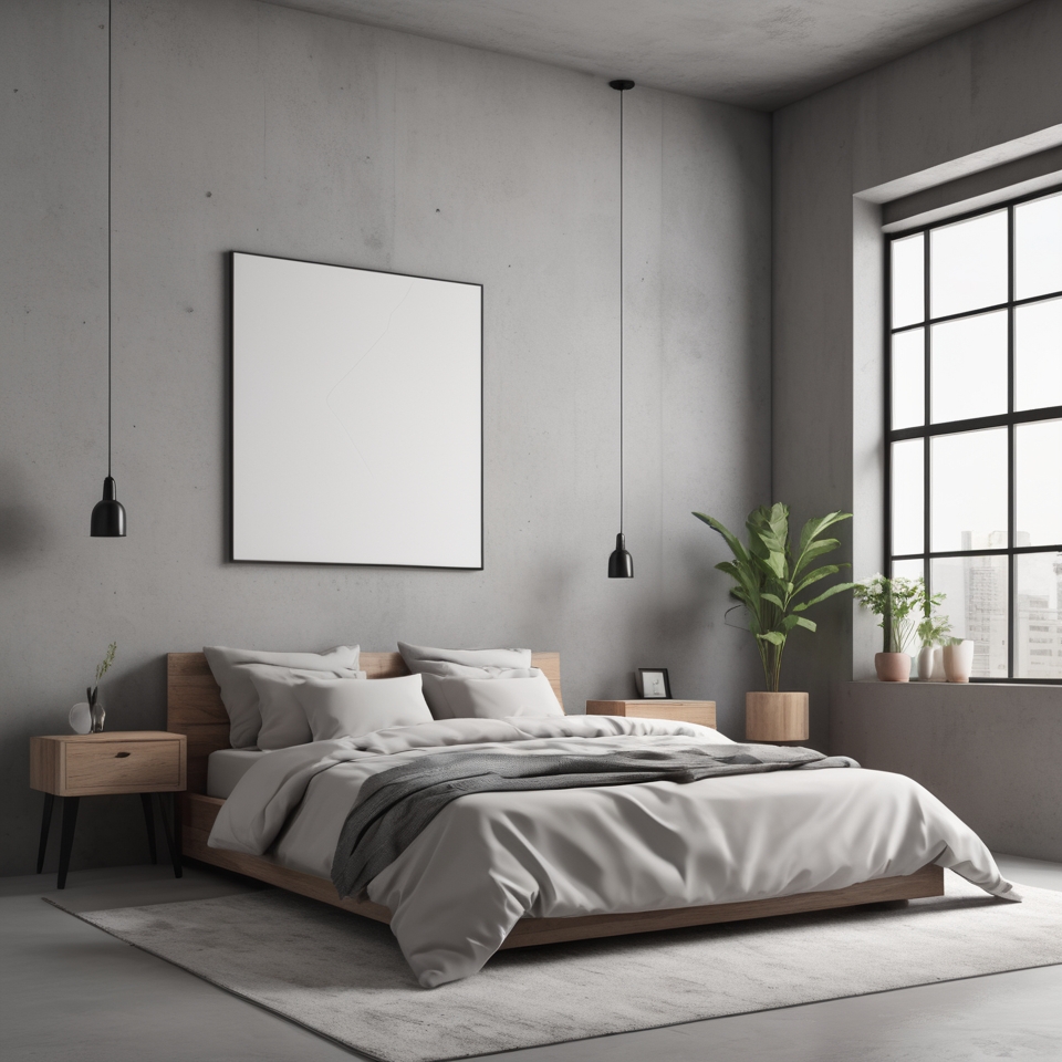 Minimalist industrial bedroom with concrete walls and simple decor.