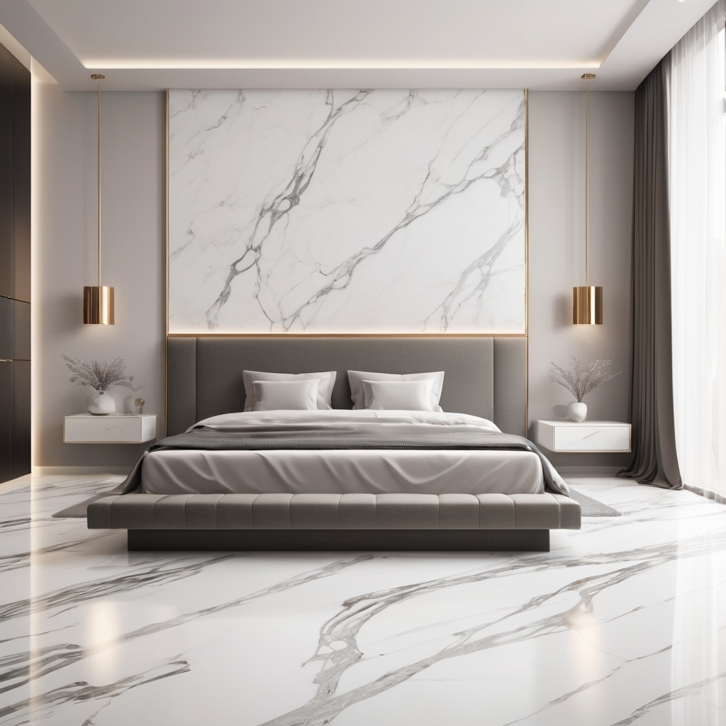 Minimalist luxury bedroom with marble flooring and sleek furniture.