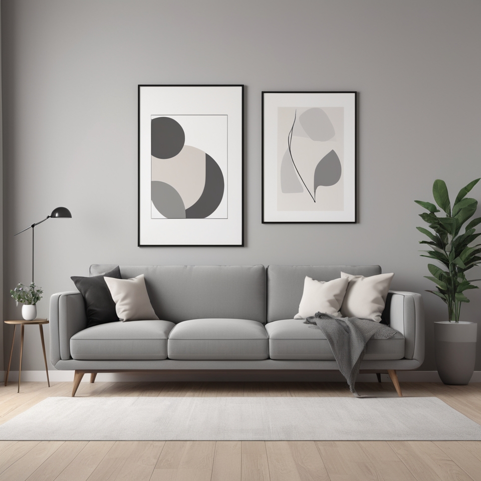 Minimalist modern living room with sleek gray sofa, neutral walls, and simple decor.