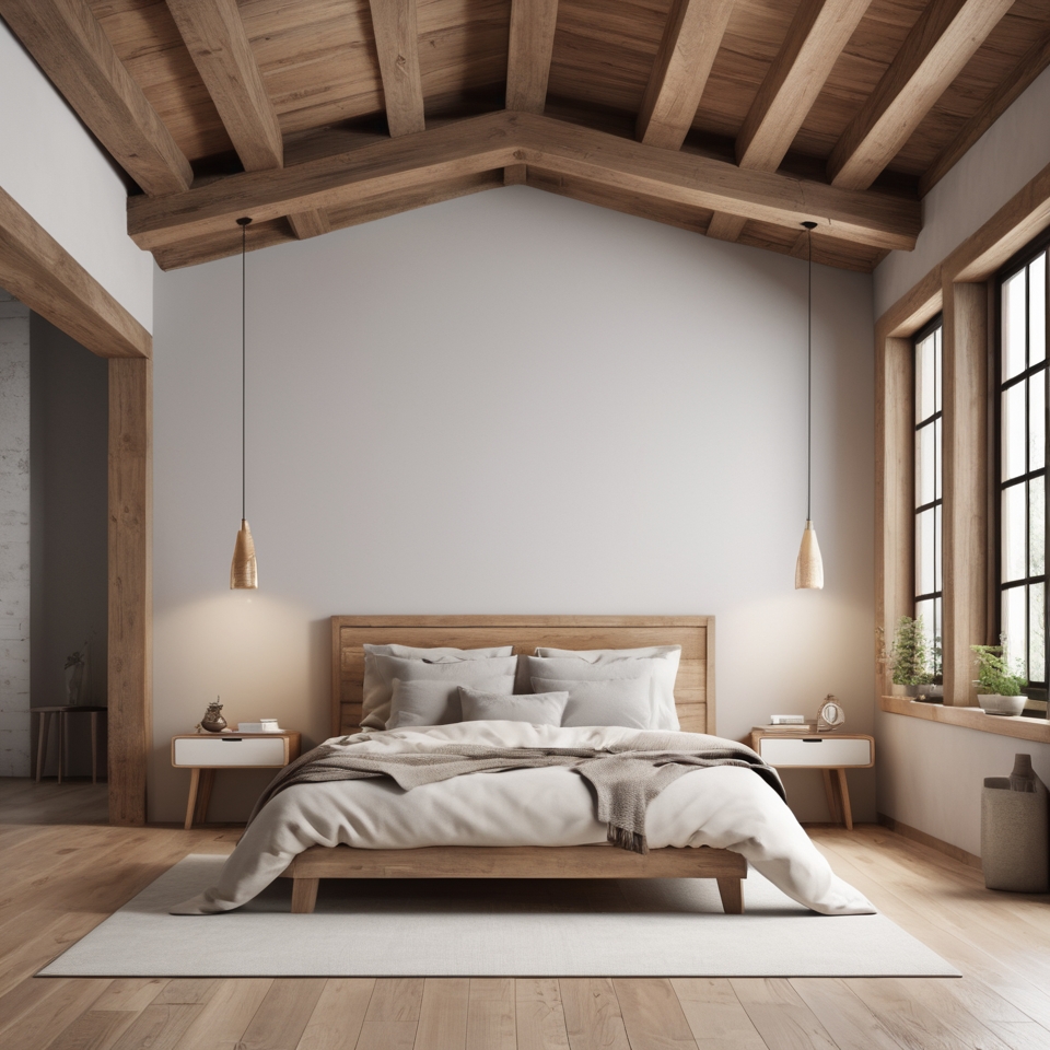 Minimalist rustic bedroom with exposed wooden beams and simple decor.