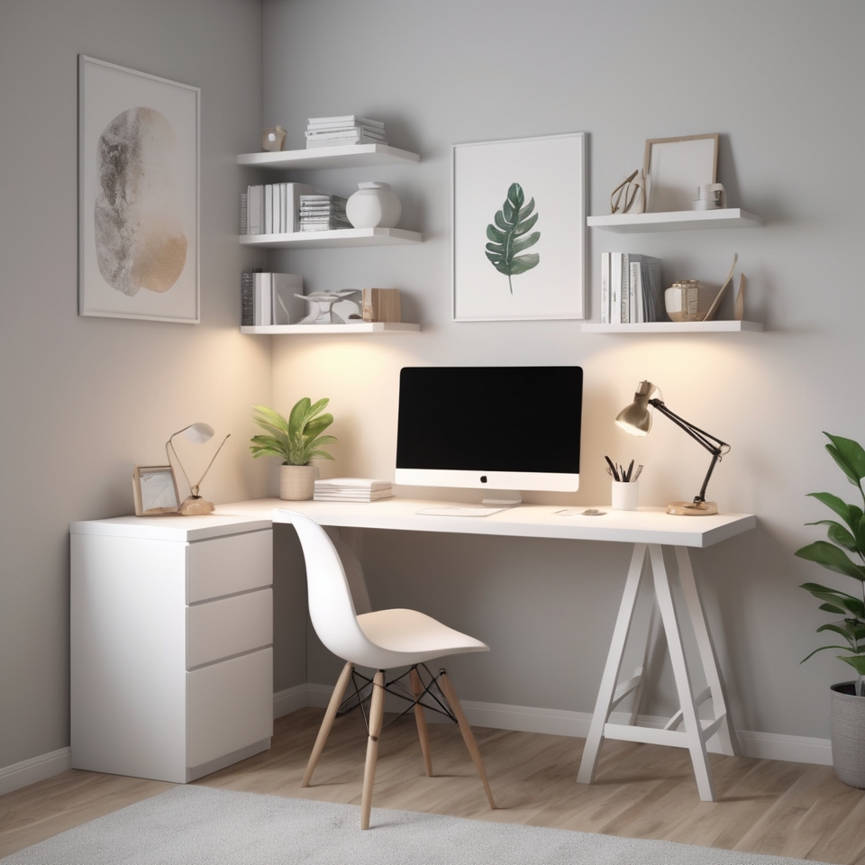 Minimalist workspace corner inside a bedroom with clean desk setup.
