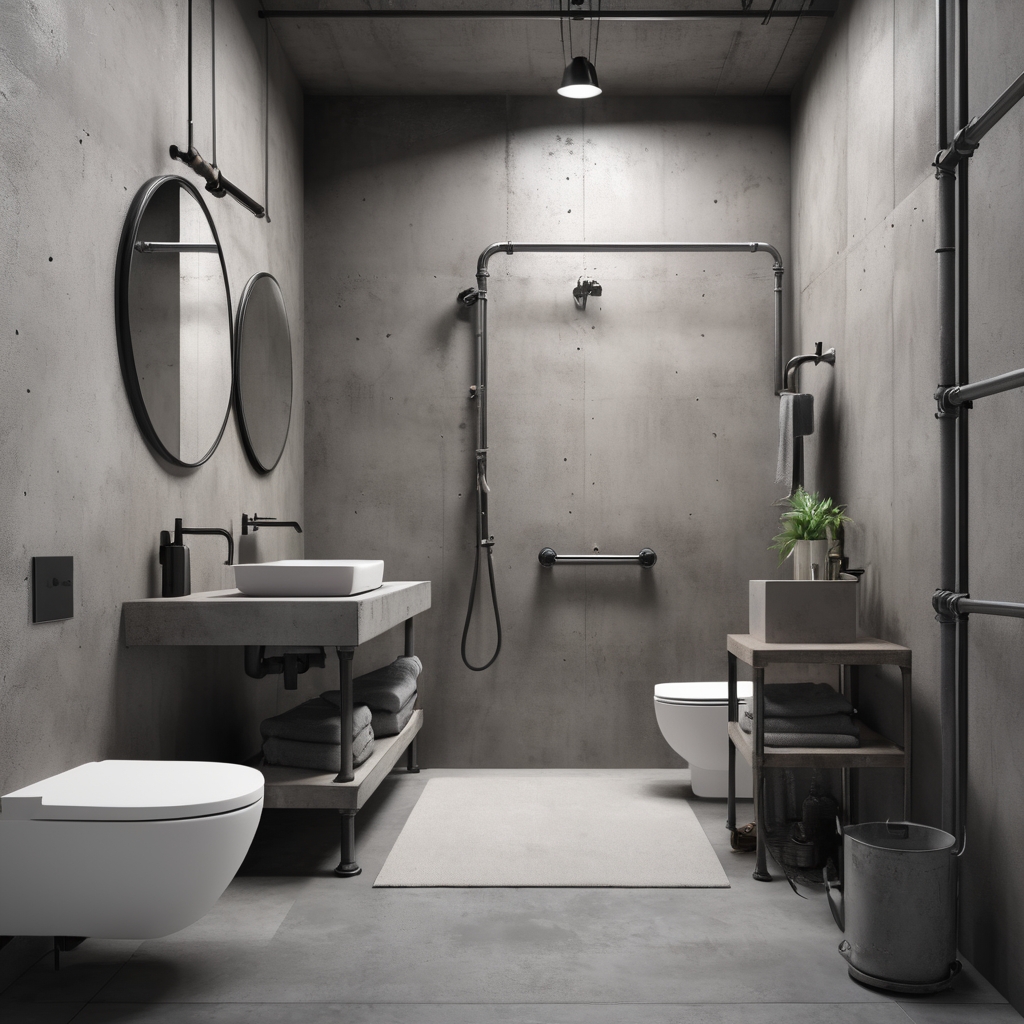 Modern industrial bathroom with exposed pipes and concrete finish.