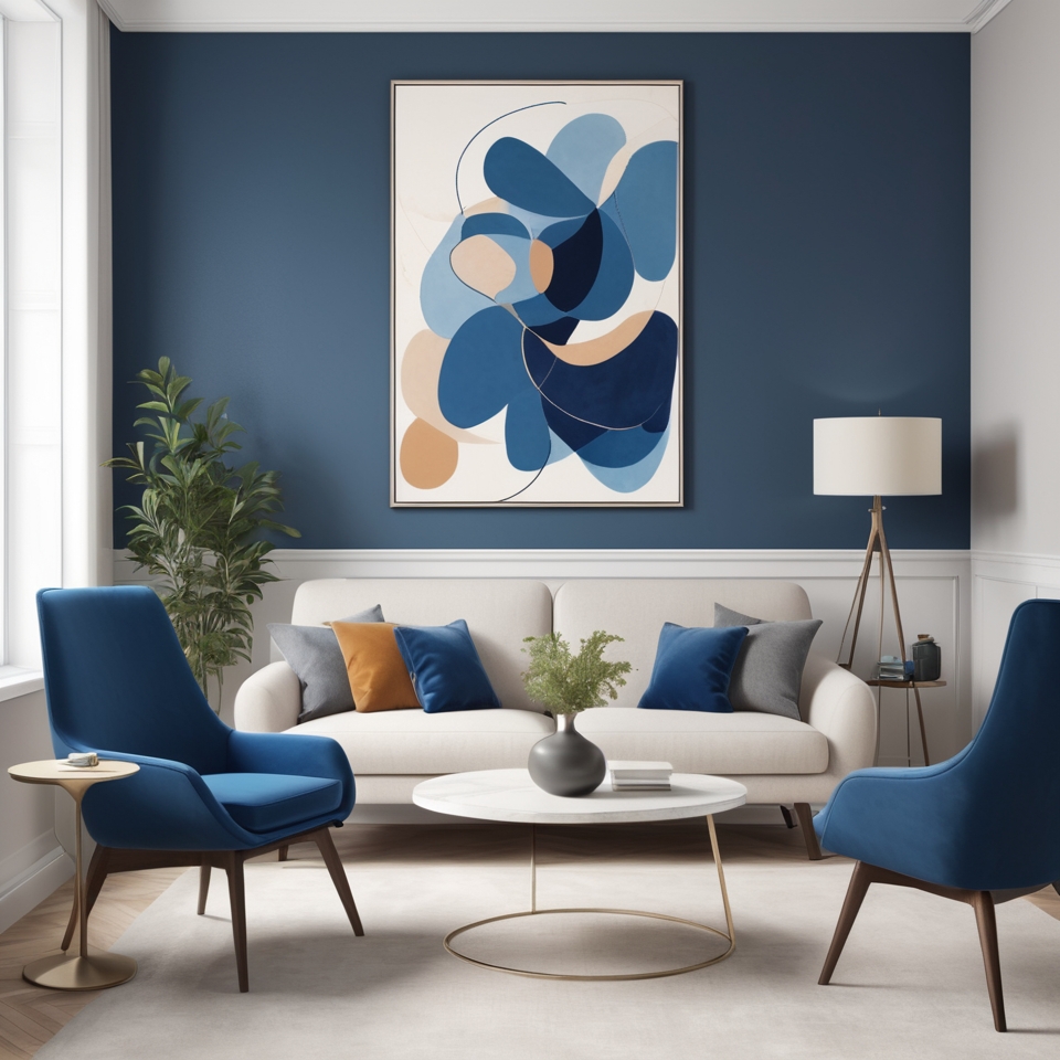Neutral-toned modern living room with bold blue accent chair and abstract wall art.