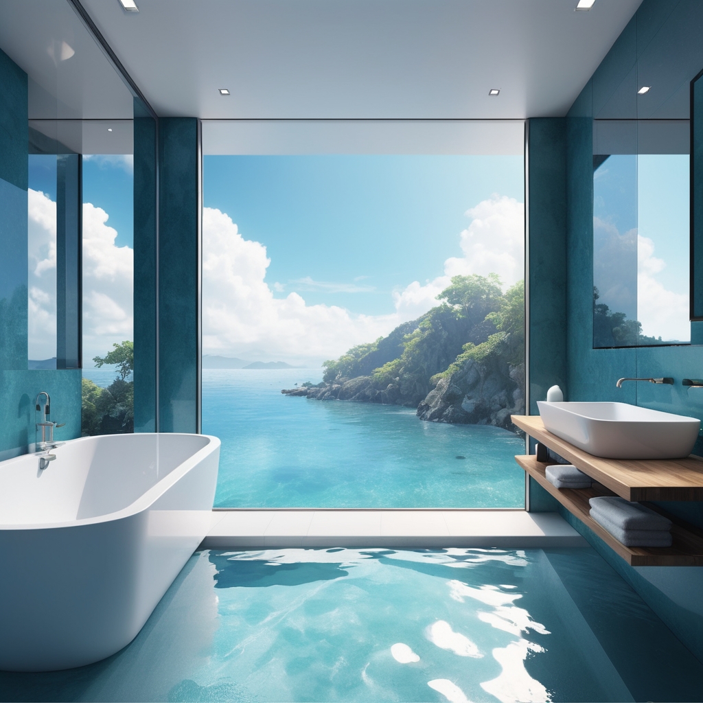 Ocean-view bathroom with glass walls and infinity bathtub.