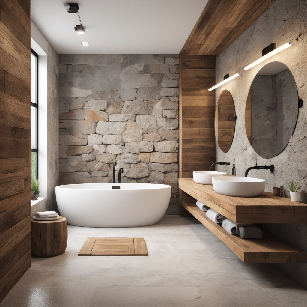 Rustic-modern bathroom with stone sinks and wood accents.