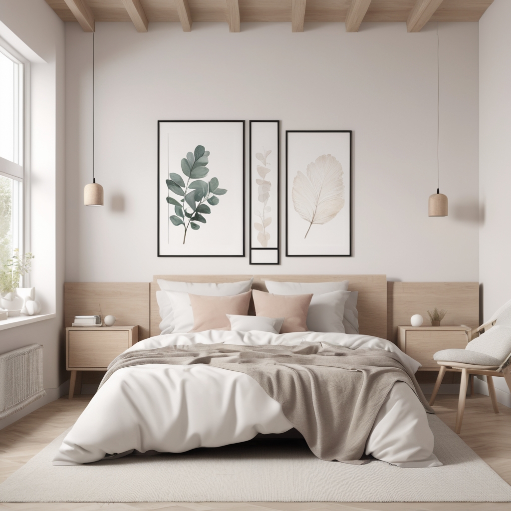 Scandinavian-style minimalist bedroom with natural wood and soft textiles.