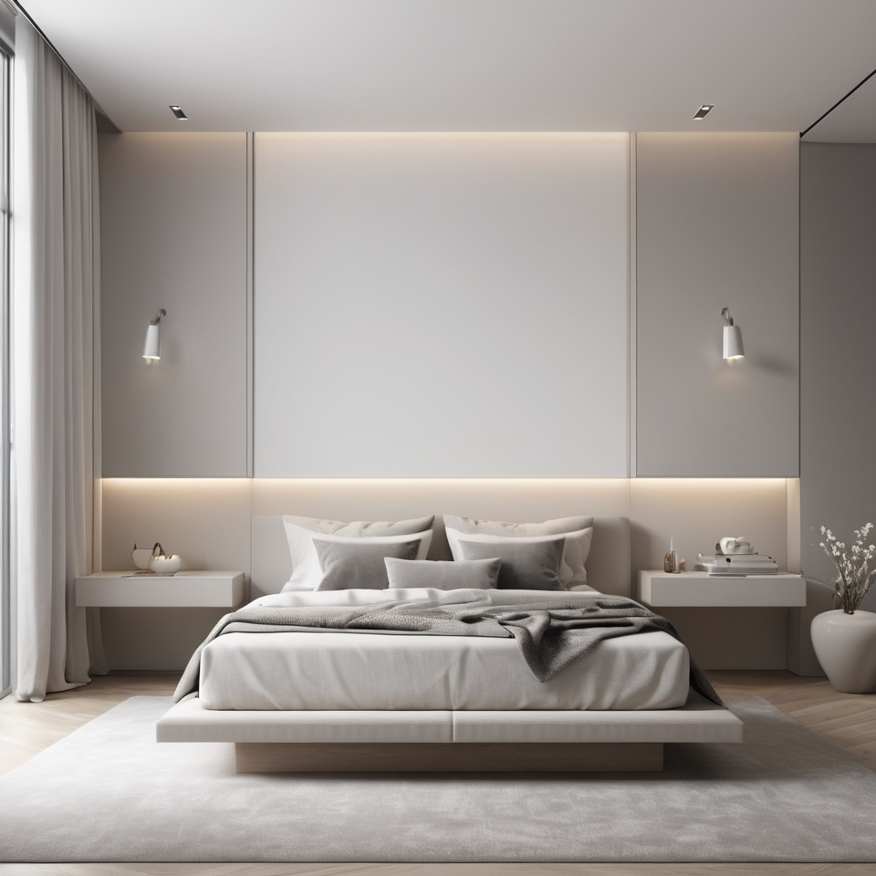Sleek modern minimalist bedroom with floating bedside tables.
