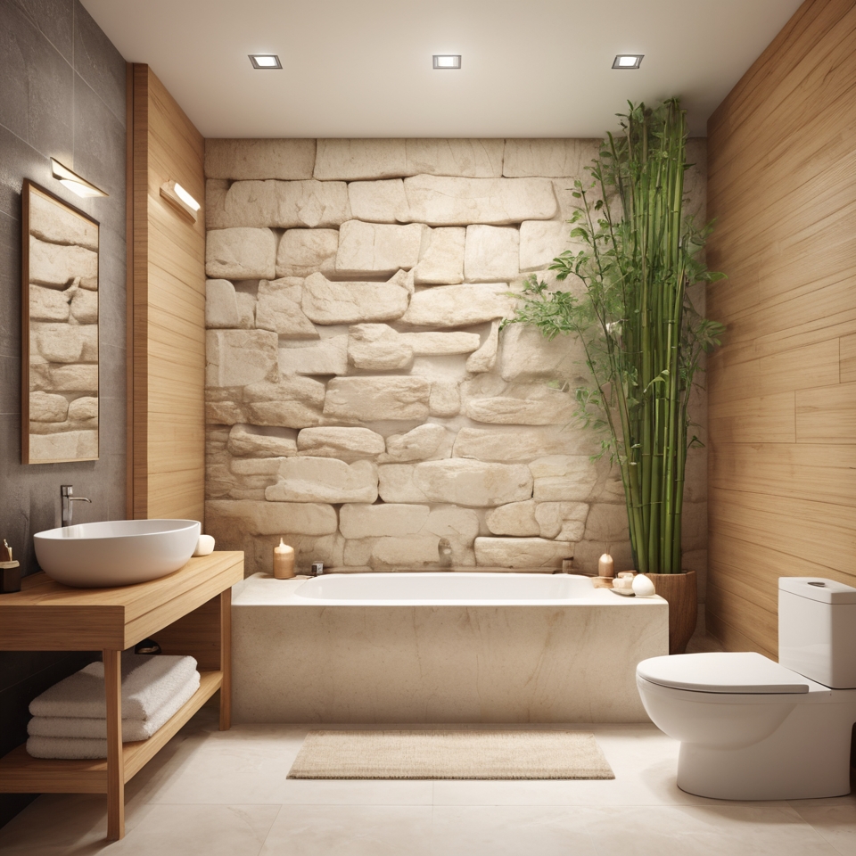 Spa-inspired bathroom with natural stone walls and bamboo decor.