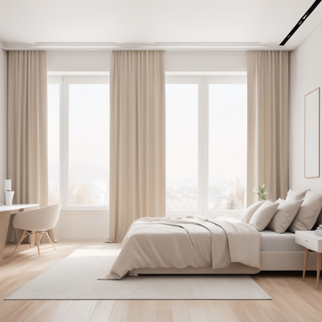 White and beige minimalist bedroom with floor-to-ceiling curtains.