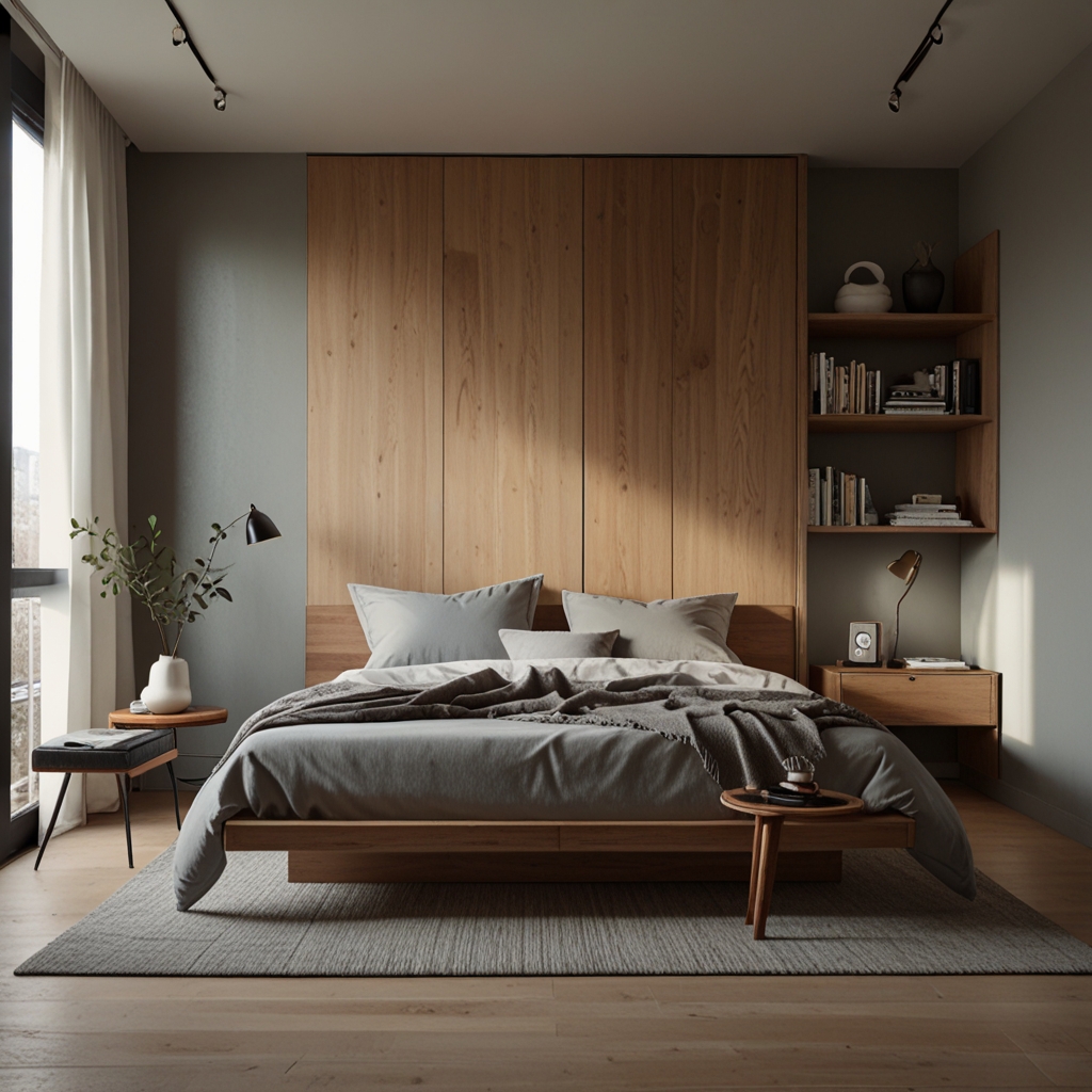 Compact minimalist bedroom with fold able furniture.